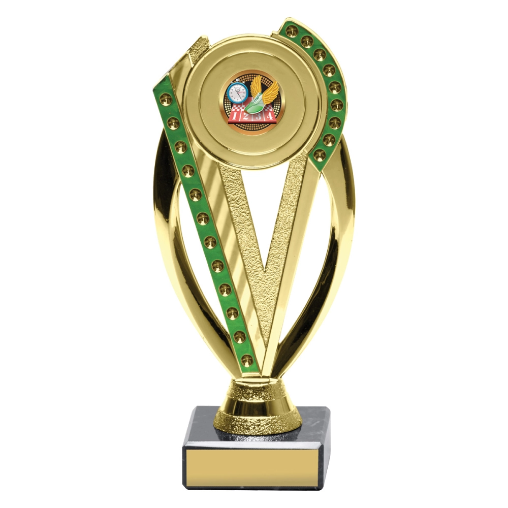 Gold athletics trophy with V shape design, green trim and track and field logo insert on black marble base with engraving plate