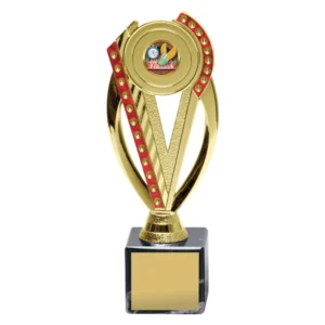 Gold athletics trophy with V shape design, red trim and track and field logo insert on black marble base with engraving plate