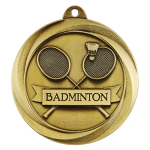 Gold badminton medal with crossed rackets, shuttlecock and banner detail