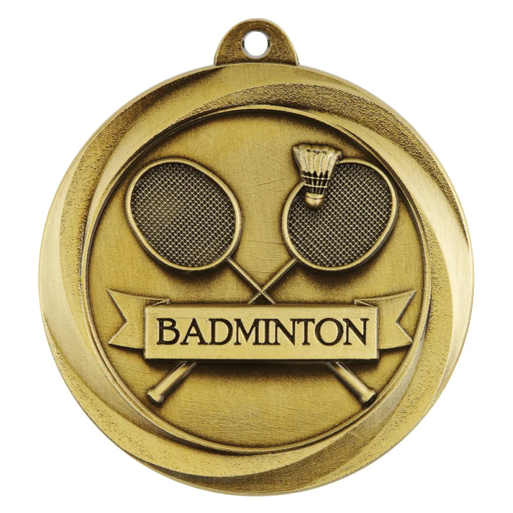 Gold badminton medal with crossed rackets, shuttlecock and banner detail