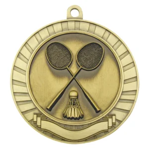 Gold badminton medal with crossed rackets and shuttlecock