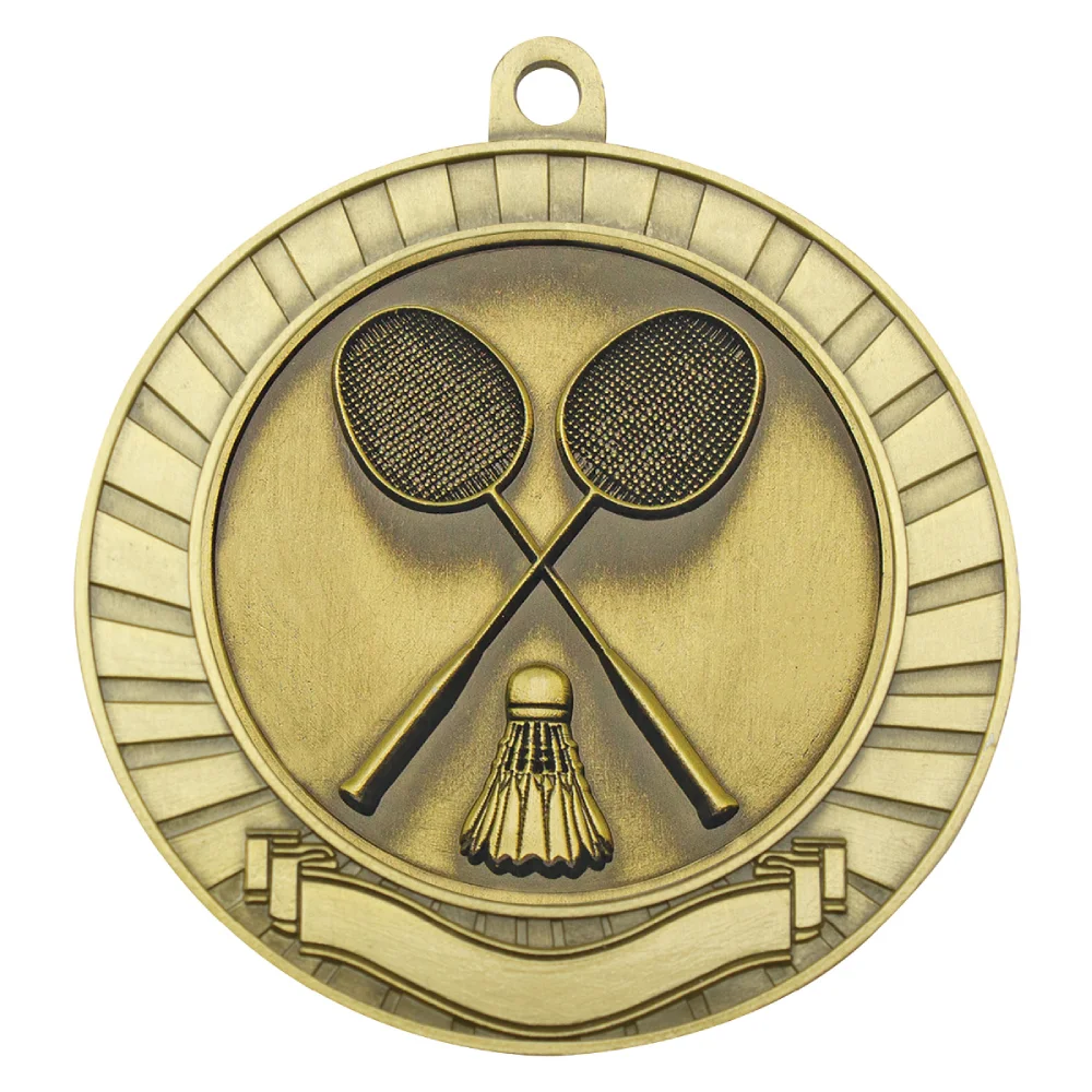 Gold badminton medal with crossed rackets and shuttlecock