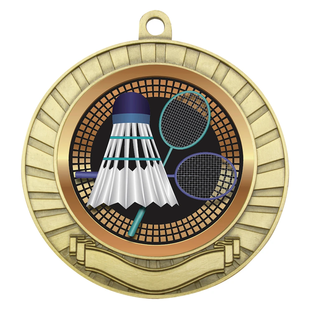 Gold badminton medal with shuttlecock and rackets insert