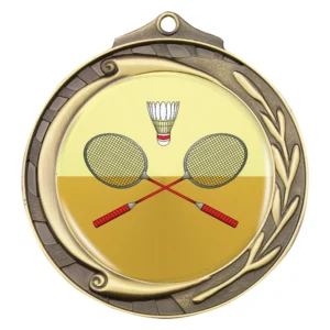 Round gold medal features a full colour insert with crossed rackets and shuttlecock. Swirl and laurel border detail with textured outer edge. Includes top loop for ribbon attachment.