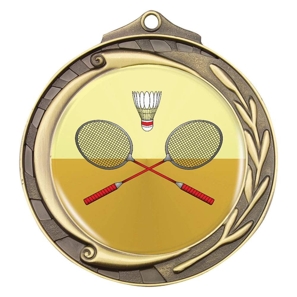 Round gold medal features a full colour insert with crossed rackets and shuttlecock. Swirl and laurel border detail with textured outer edge. Includes top loop for ribbon attachment.