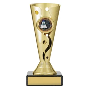 Small gold badminton swirl cup trophy featuring tapered cup with curved cut-out detail and central colour insert on black marble base with blank nameplate