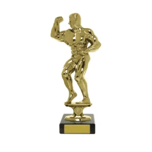 Small gold bodybuilding figure trophy featuring a flexing male physique posed on a black square base with circular insert and blank nameplate