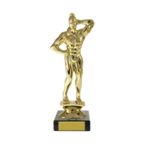 Small gold female bodybuilding figure trophy featuring a front pose with defined physique on a black square base with circular insert and blank nameplate