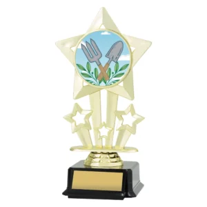 Gold gardening trophy with large star frame, circular insert featuring crossed hand fork and trowel with leaf detail, star accents and engraving plate on black base