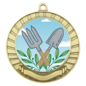 Gold gardening medal with circular insert featuring crossed hand fork and trowel with leaf detail, radiating border pattern and blank ribbon panel at base