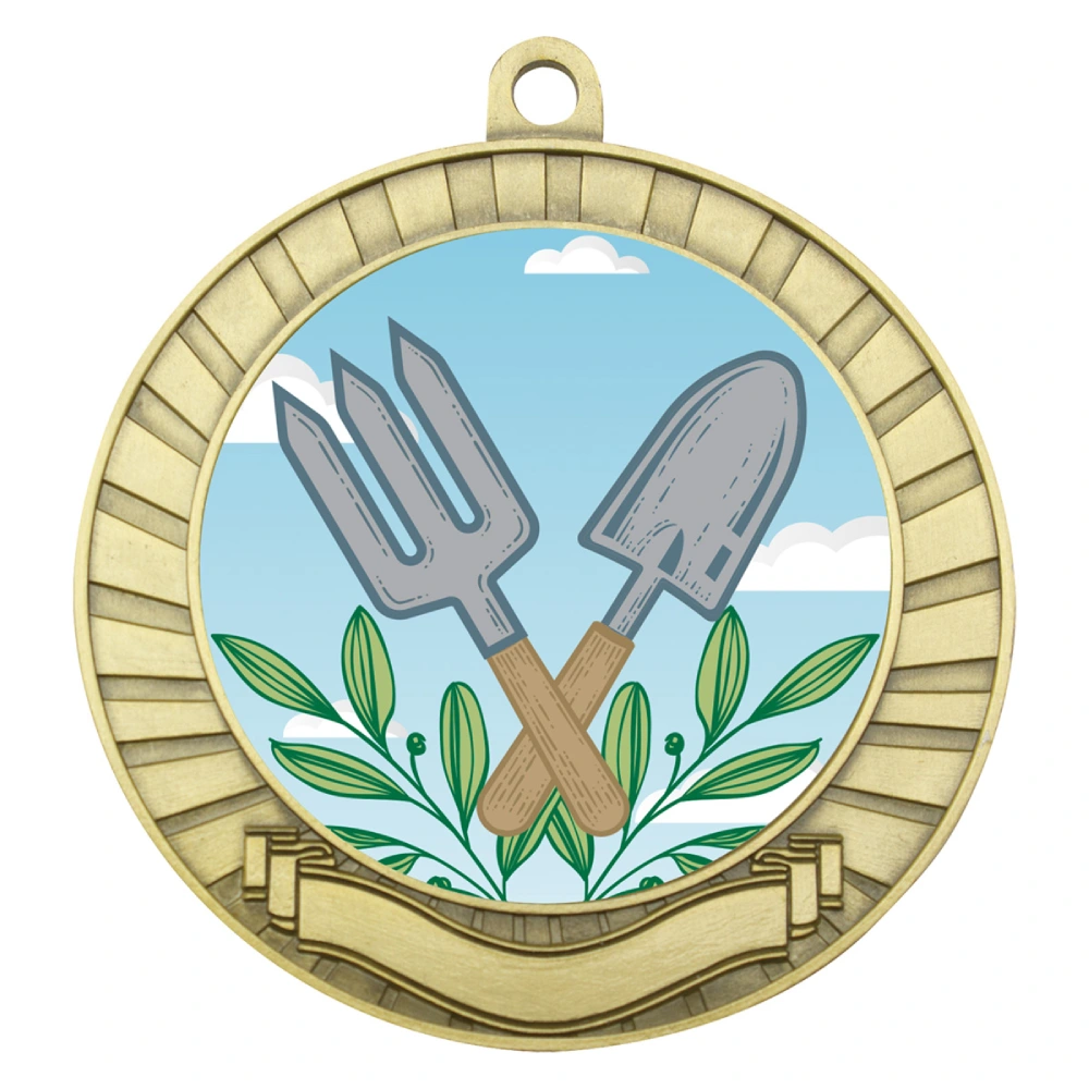 Gold gardening medal with circular insert featuring crossed hand fork and trowel with leaf detail, radiating border pattern and blank ribbon panel at base