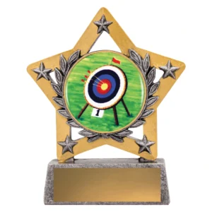 Gold star archery trophy with target insert centre, laurel detail and engraving plate on marble base