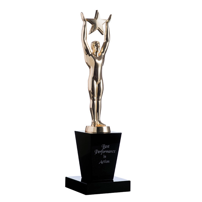 Gold figure trophy holding star on black base with performance award engraving