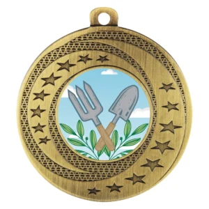 Gold textured star gardening medal with circular insert featuring crossed hand fork and trowel with leaf detail and patterned outer ring