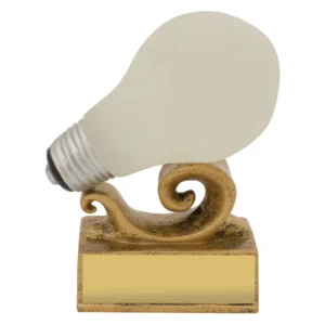 Innovation lightbulb trophy with gold base and blank engraving plate