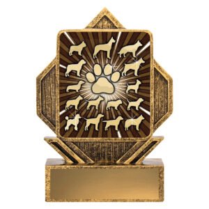 Dog breeds resin trophy with central paw print, multiple dog silhouettes, and engraving plate on base.
