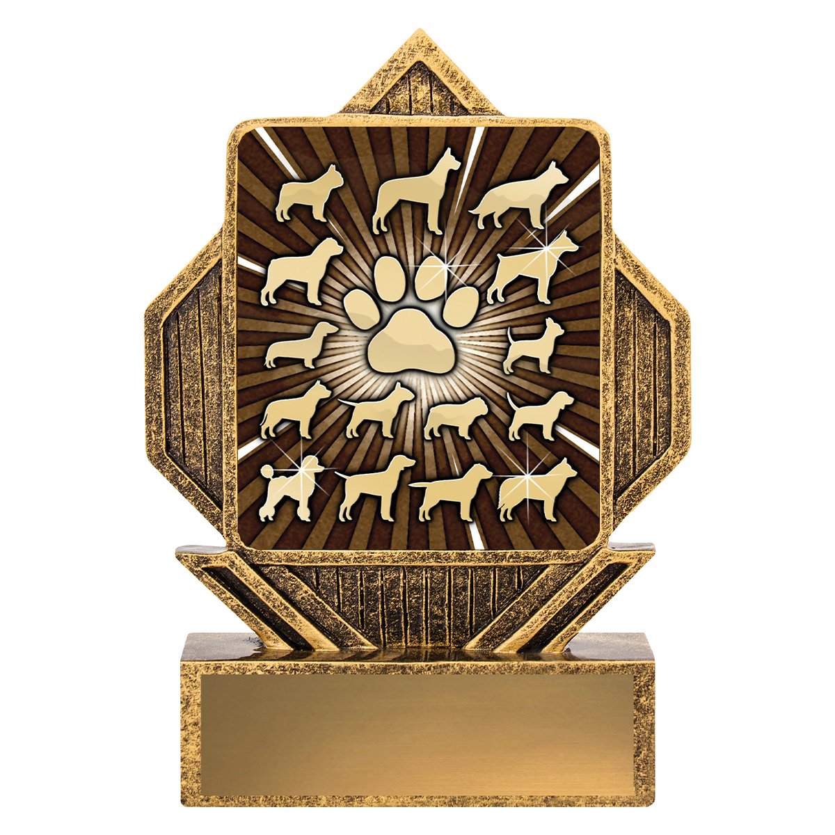 Dog breeds resin trophy with central paw print, multiple dog silhouettes, and engraving plate on base.