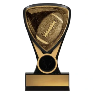 Black and gold NFL football trophy with textured ball design on shield and engraving plate on base