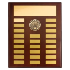 Perpetual badminton honour board plaque in polished timber finish with central badminton emblem and multiple blank engraving plates