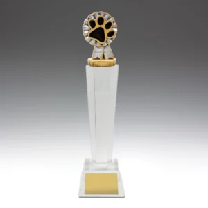 Pet paw crystal trophy with clear glass column, gold accents, and engraving plate on base