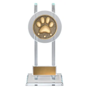 Glass award trophy with pet paw design, clear panel, and engraving plate