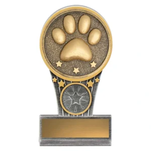 Pet paw print resin trophy with star details and engraving plate on base.