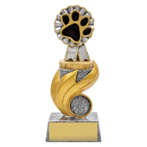 Small pet paw resin trophy with gold swirl design, paw emblem top, and engraving plate on base