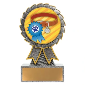 Pet rosette ribbon trophy with dog collar centre insert, ribbon design, and engraving plate on base.