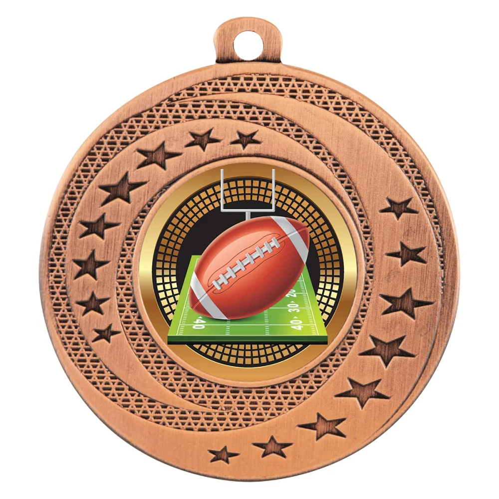 Bronze rugby medal with star border, rugby ball insert, and loop for ribbon