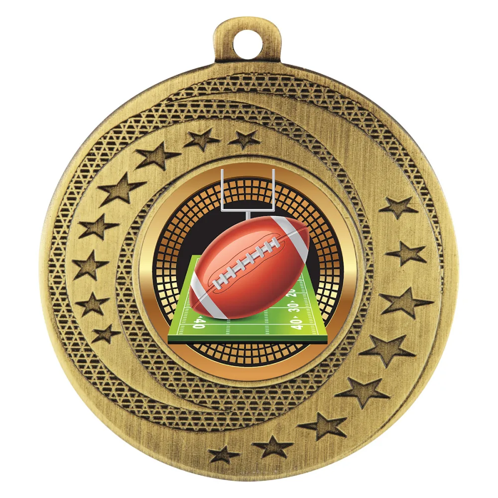Gold rugby medal with star border, rugby ball insert, and loop for ribbon
