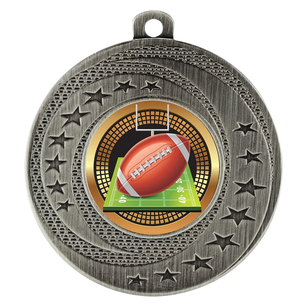 Silver rugby medal with star border, rugby ball insert, and loop for ribbon