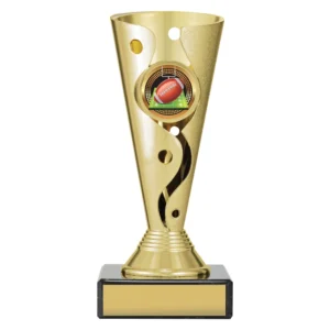 Small gold rugby trophy cup with swirl design, rugby ball insert, and engraving plate on base
