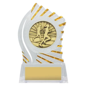 Clear acrylic running trophy with gold athletics runners insert and sunburst edge detail on base with engraving plate