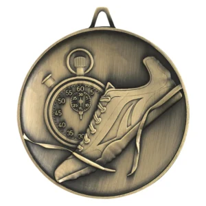Athletics medal with running shoe and stopwatch design