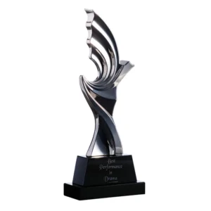 Silver abstract performance trophy on black base with drama award engraving