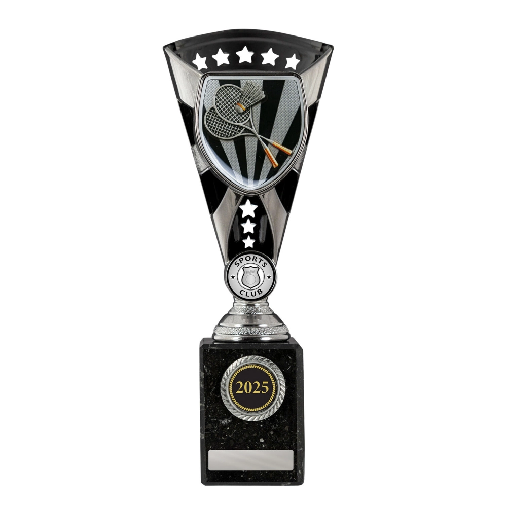 Large silver and black tennis trophy with shield insert featuring crossed rackets and ball, star detail, and engraving plate on marble base