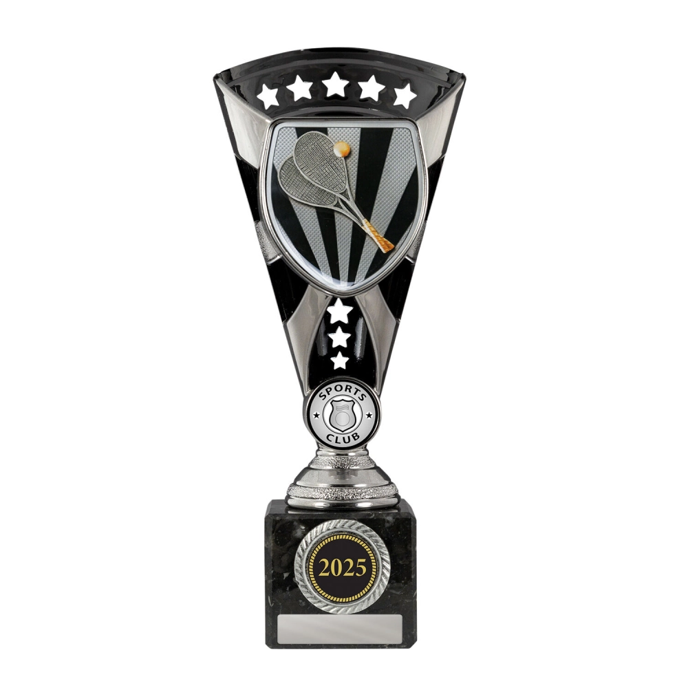 Medium silver and black tennis trophy with shield insert featuring crossed rackets and ball, star detail, and engraving plate on marble base