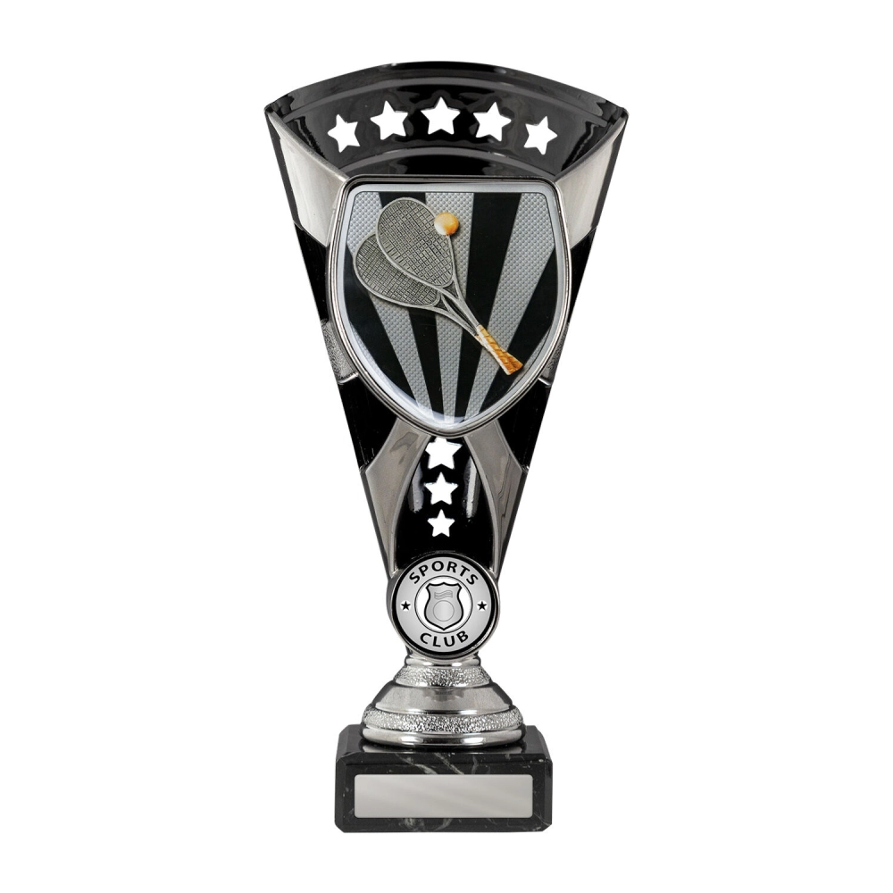 Small silver and black tennis trophy with shield insert featuring crossed rackets and ball, star detail, and engraving plate on marble base