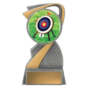 Small silver archery trophy with gold swirl feature, target insert centre and engraving plate on textured base