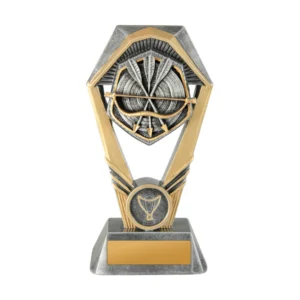 Small gold and silver resin archery trophy with bow, arrows and target emblem on marble base with engraving plate
