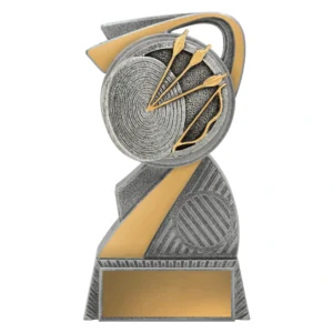 Small silver archery award with gold swirl feature, detailed target and arrows emblem, and engraving plate on textured base
