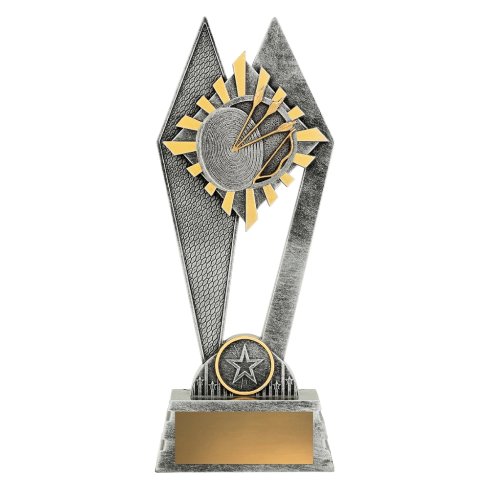 Large silver archery trophy with gold sunburst detail, target and arrows emblem, star feature and engraving plate on solid base