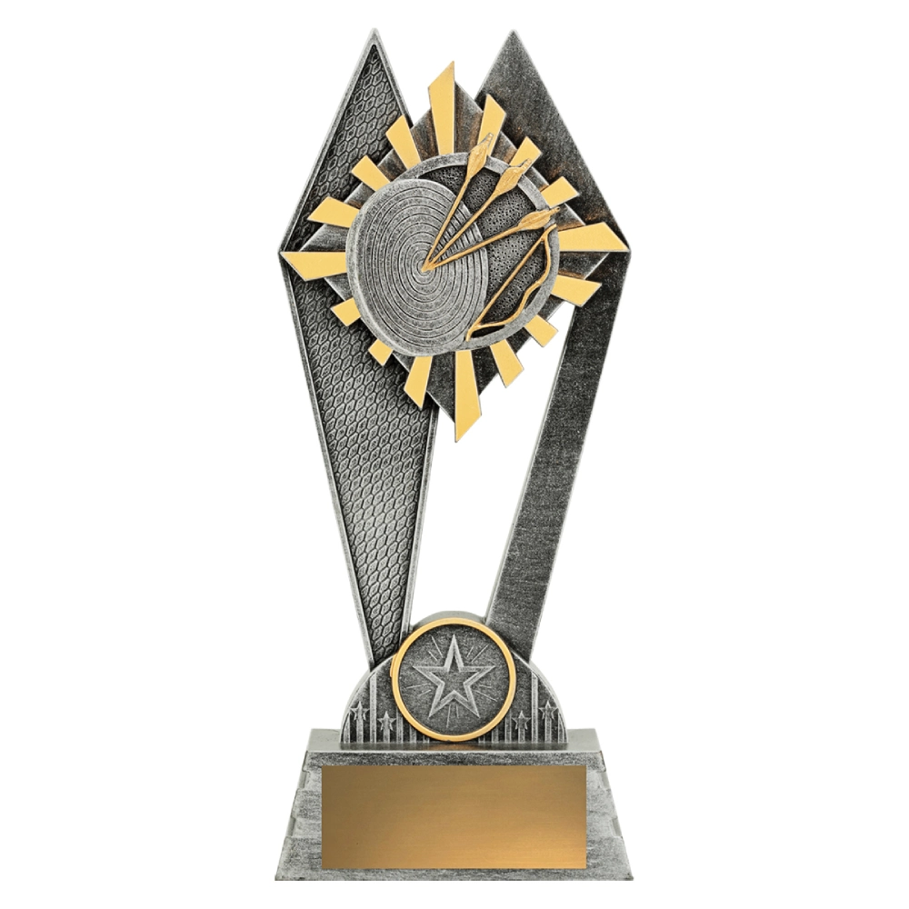 Medium silver archery trophy with gold sunburst detail, target and arrows emblem, star feature and engraving plate on solid base