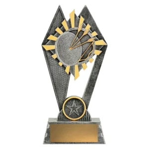 Small silver archery trophy with gold sunburst detail, target and arrows emblem, star feature and engraving plate on solid base