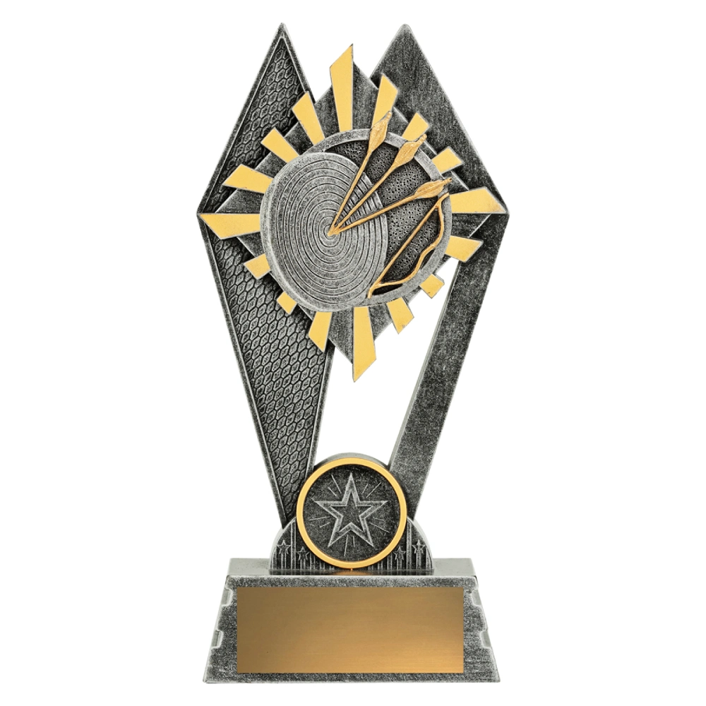 Small silver archery trophy with gold sunburst detail, target and arrows emblem, star feature and engraving plate on solid base