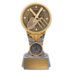 Small silver and gold gardening trophy with flared column body, round medallion top featuring crossed hand fork and trowel, star detailing and engraving plate on tiered base
