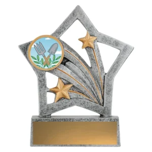 Small silver gardening trophy with angular star frame, circular insert featuring crossed hand fork and trowel with leaf detail, gold star accents and engraving plate on rectangular base