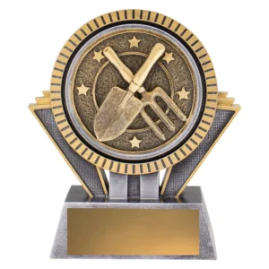 Small silver and gold gardening trophy with large round medallion featuring crossed hand fork and trowel, radial border detail, triangular side supports and engraving plate on solid base