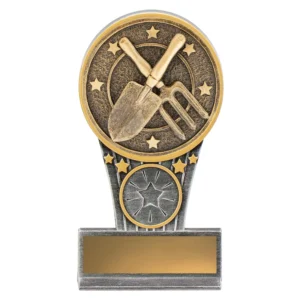 Silver gardening award with gold trowel and fork emblem, star detail, and engraving plate on solid base