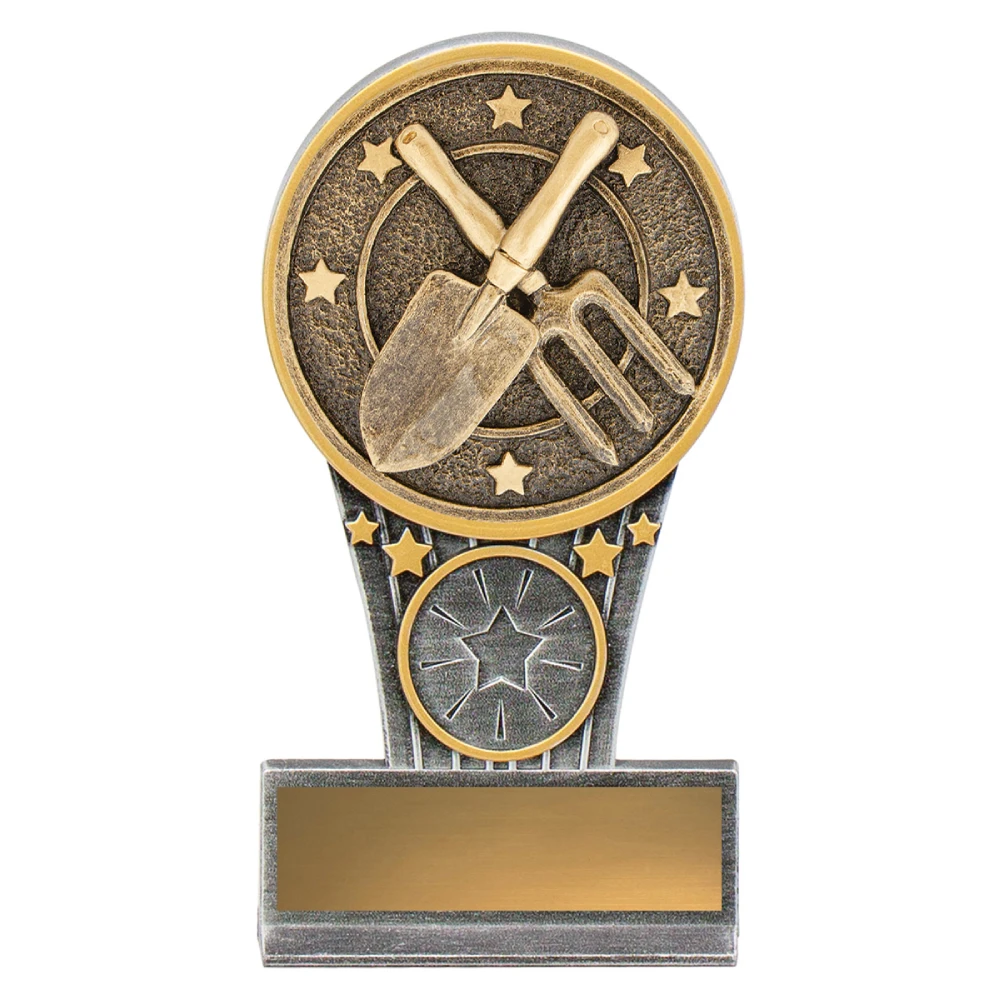 Silver gardening award with gold trowel and fork emblem, star detail, and engraving plate on solid base